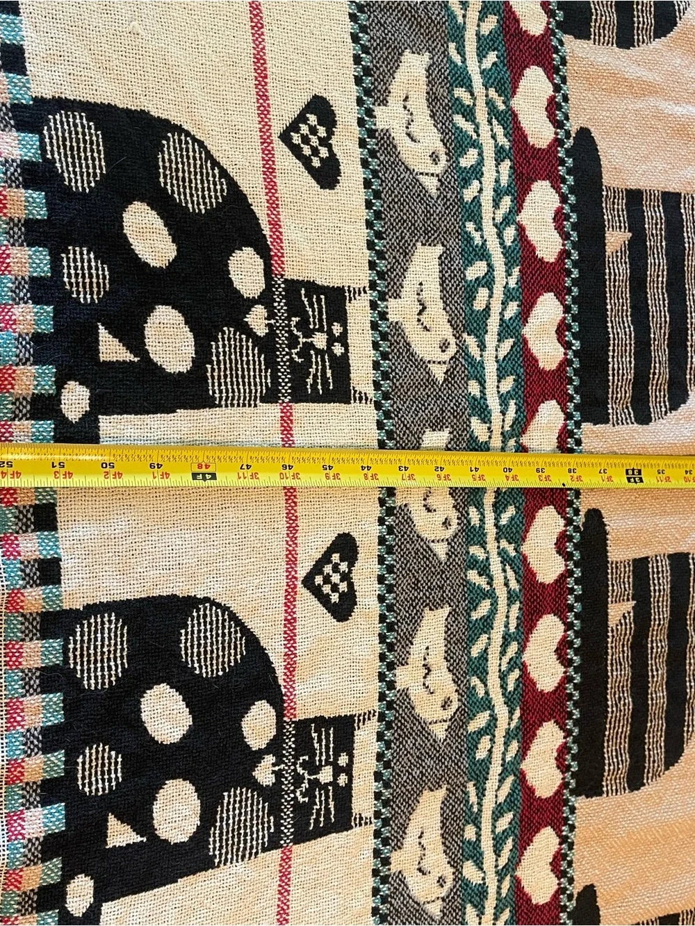 80s Whimsical Cat Woven jacquard  Throw Blanket - with damage -pulled threads